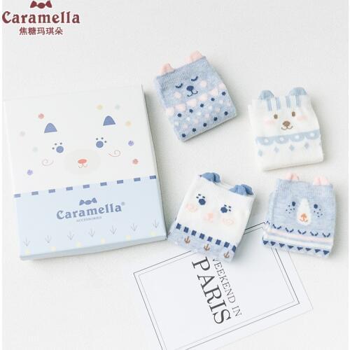 Caramella 4Pairs Kids Animal Ankle Socks Cute Children 3D Cartoon Socks For Girls Boys Seamless Soft Cotton Socks 1-12Y Gift Box