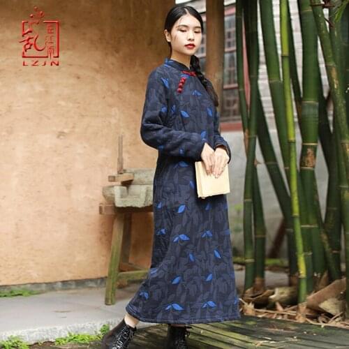 LZJN 2019 New Vintage Chinese Thickened Plush Dress Autumn Winter Female Warm Long Embroidery Cheongsam Qipao Retro Robe Dress