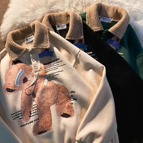 New Japan Kawaii Pullover Autumn Female Tops Green Black Ulzzang Fashion Girls Cute Bear Loose Long Sleeve Hoodies Sweatshirts