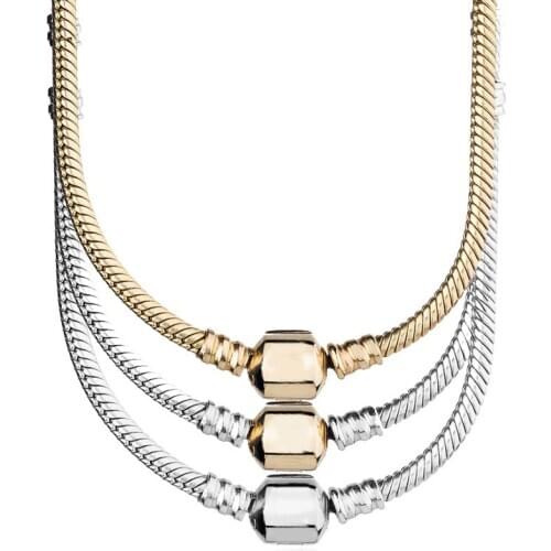 Original Golden & Silver Lobster Barrel Clasp Snake Chain Necklace For 925 Sterling Silver Bead Charm Europe DIY Jewelry