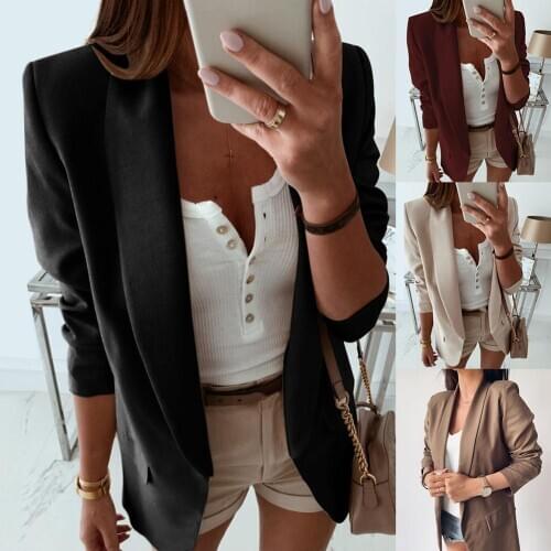 Casual Blazer Feminino Women Basic Notched Collar Solid Blazer Pockets Chic Tops Office Ladies Retro Single Button Suit Jackets
