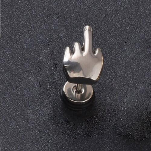 Fashion Rock 2pcs Middle finger Shape men earrings Summer style pierced Stainless Steel Jewelry Stud Earring for men