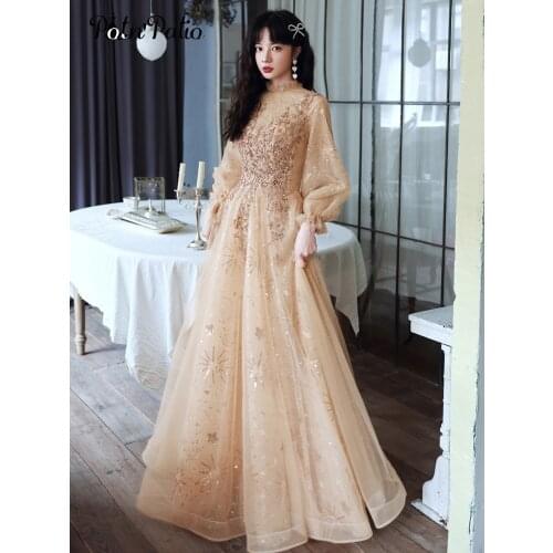 Modest Evening Dresses With Long Sleeves Luxury Appliquies Sequin Tulle Women Dresses Evening 2021