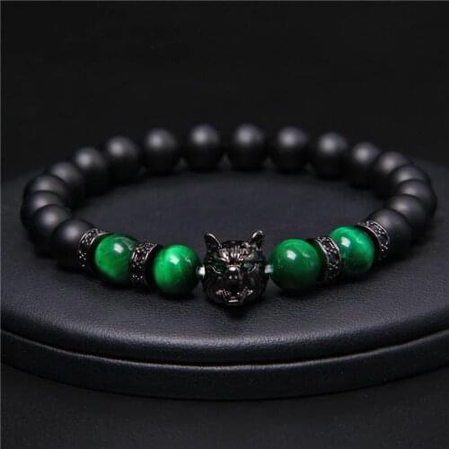 Wolf Head Natural Tigers Eye Beaded Natural Black Lava Bracelet Dripping Rice Beads Elastic Jewelry Bracelet Charms Gifts