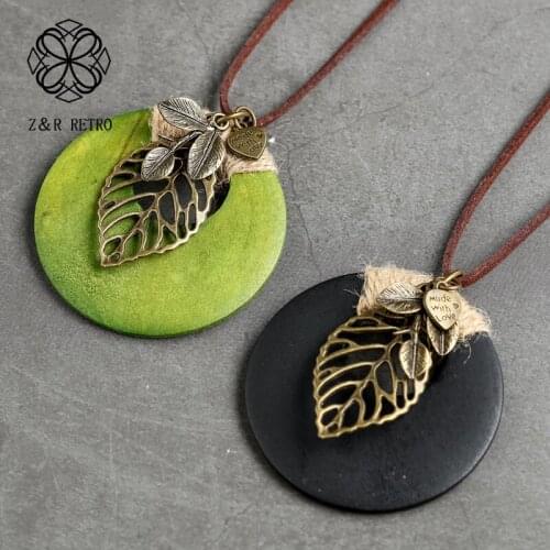Jewelry Long Rope Necklace Wooden Leaf Pendants For Women Vintage Chokers Chain Necklace Accessories Wooden Fashion Black Green