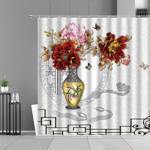 Chinese Style Peony Flower Shower Curtains Floral Butterfly Lotus Bird Fish Gold Pattern Bathroom Curtain Retro Home Decor Cloth