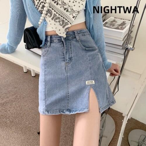 NIGHTWA New Women Summer Blue Solid Casual High Waist A Line Denim Skirts High Street Pockets Hem slit All-matched Jeans Skirt