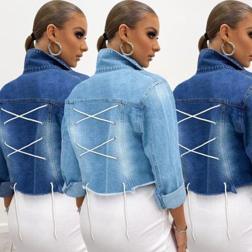 Women Cropped Jeans Jacket Denim Bandage Short Coats Autumn Winter Vintage Casual Jackets Woman Streetwear Button Coats