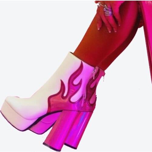 Chunky High Heel Trendy Women Shiny Flame Patchwork Ankle Boots Platform Round Toe Short Boots Embroider Zip Up Leather Booties