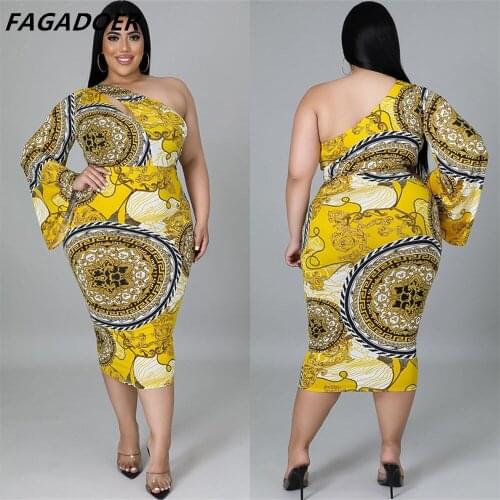 FAGADOER Plus Size Bodycon Dress Women XL-5XL Summer Elegant Retro Print Midi Dresses Sexy One Shoulder Hollow Out Vestidos