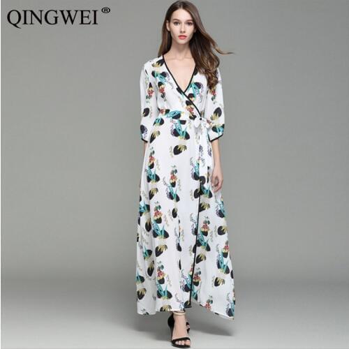 QINGWEI 2019 Summer Sexy Women Print Extra Long Landing Large Dress Dress Women Leggings White Waist Bell sleeve Strap Dress