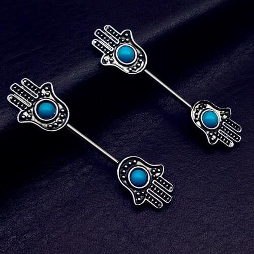 1 pair 14G 1.6x16mm Punk Rock beads Nipple Shield Rings Body Piercing Jewelry Lucky Lady Hands Hand Hamsa Nipple Bar ring