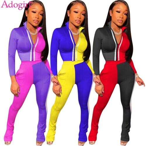 Adogirl Color Patchwork Casual Two Piece Set for Women Zipper Long Sleeve Jacket Crop Top Pencil Pants Suit Female Tracksuit