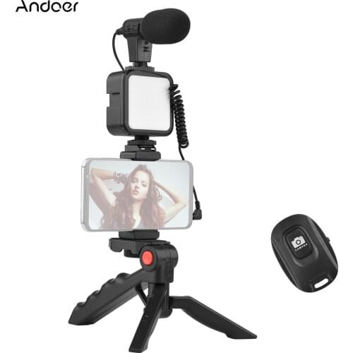 Andoer Phone Vlog Video Kit with Table Tripod Phone Holder with Cold Shoe Microphone LED Video Light Remote Shutter