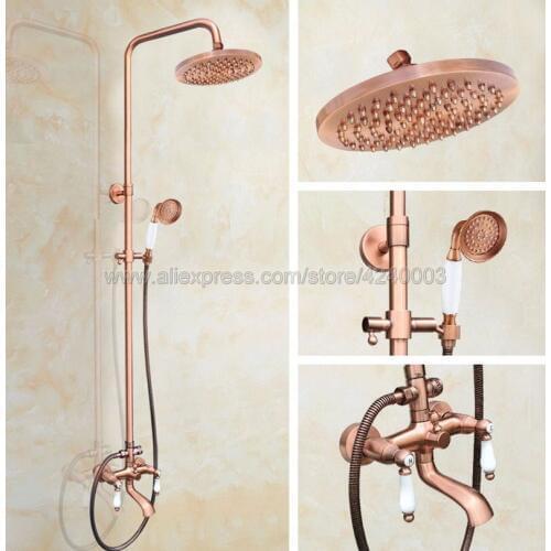 Antique Red Copper Wall Mounted Bathroom Shower Faucet Bathtub Mixer Taps Dual Handle with Hand Held Shower Krg576