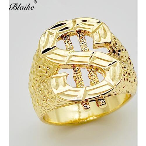 Blaike Luxury Yellow Gold Filled Hip Hop Fashion Dollar Sign Ring Rock Style Charm Men Rapper Band Jewelry Gifts