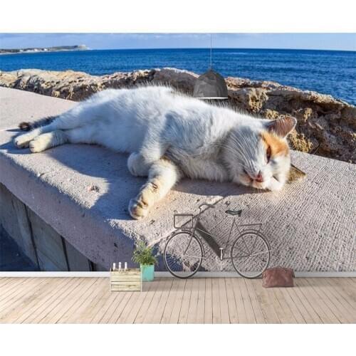 Beibehang Large custom wallpaper 3D naked eye Tasmania cat sea view living room TV wall decoration