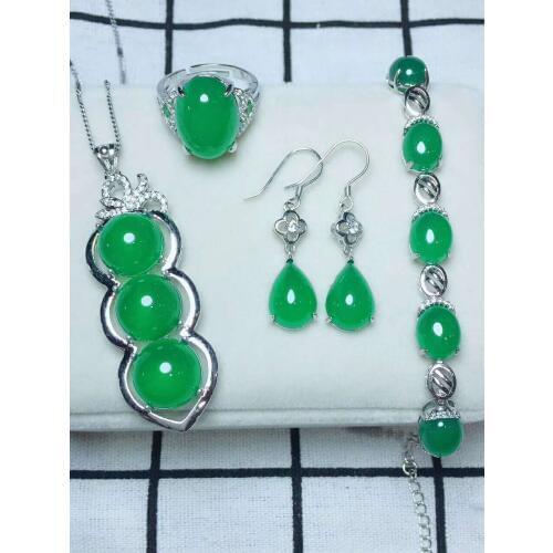 C26#925 silver inlaid natural chalcedony set, the jade face is clean and translucent