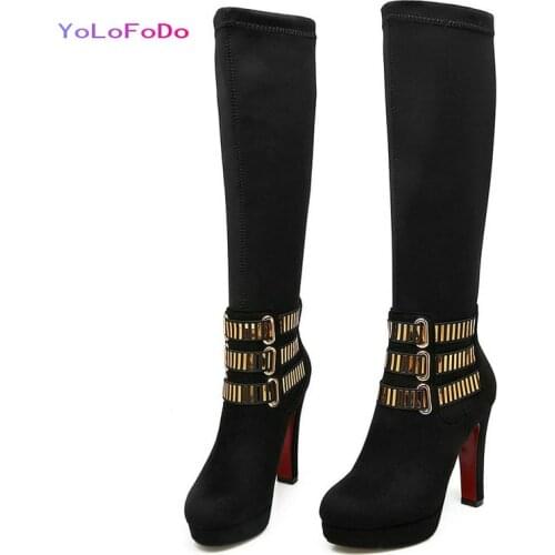 Black Red 2021 Women Knee High Boots Platform Square High Heel Stretch Boots Faux Suede Autumn Winter Shoes Plus Size 34-43
