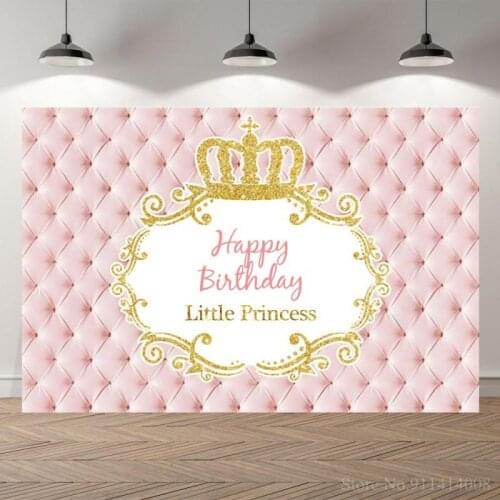 Pink Headboard Gold Crown Happy Birthday Princess Girls Baby Shower Custom Photography Studio Background Backdrop