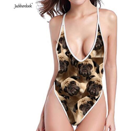 Jackherelook Pug Dog 3D Print Puzzle Style Bikinis Women Sexy One Pieces Swimwear Push Up Halter Bathing Suit for Female Biquini