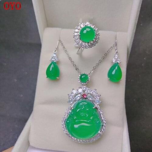 925 Silver Inlaid High Ice Green Chalcedony Buddha Set Green Agate Jade Ring Pendant Three-piece Set