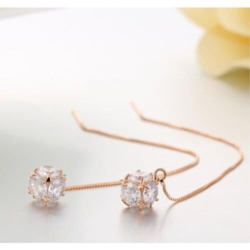 AAA CZ Square Cube Ball Drop Dangle Slim Box Chain Threader Through Long Earrings For Women Girls Wedding Jewelry Aros Aretes