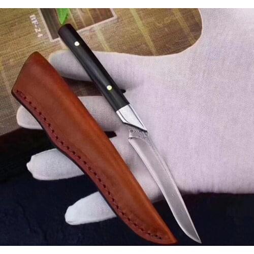 Damascus steel blade wood handle Tactical fixed blade Small straight knife leather Sheath outdoor camping survival EDC knives to