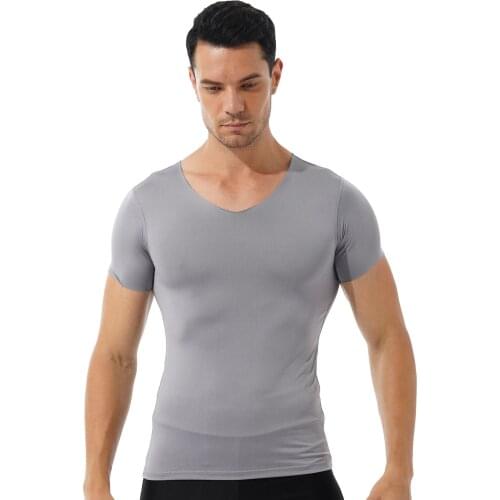 Men Solid Color V Neck Casual Sport Tank Tops Short Sleeve Thin T-shirt Workout Fitness Vest Stretchy Slim Fit Undershirt Tops