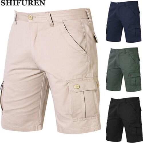 SHIFUREN Mens Cotton Cargo Shorts Multi Pocket 2020 New Military Tactical Work Overalls Baggy Short Trousers Beach Board Shorts