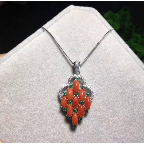 Natural red coral pendant S925 silver Natural gemstone Pendant Necklace trendy Luxury grape string women wedding gift jewelry