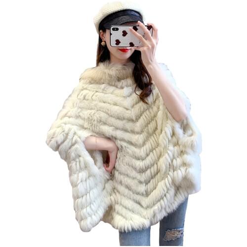 New Women Fashion Pullover Knitted Genuine Rabbit Fur Raccoon Fur Poncho Cape Real Fur Knit Amic Wraps Triangle Shawls Coat