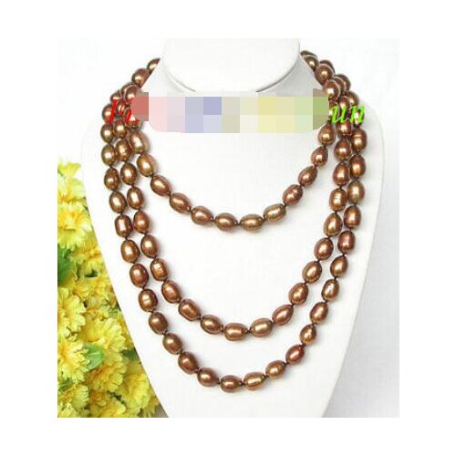 Genuine 48" 9-10mm rice coffee freshwater pearls necklace 18KGP clasp