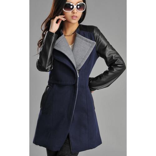 Plus Size Wholesale New 2017 Fashion Patchwork Womens Long Warm Wool PU Leather Sleeve Jacket Coat Windbreaker Free Shipping