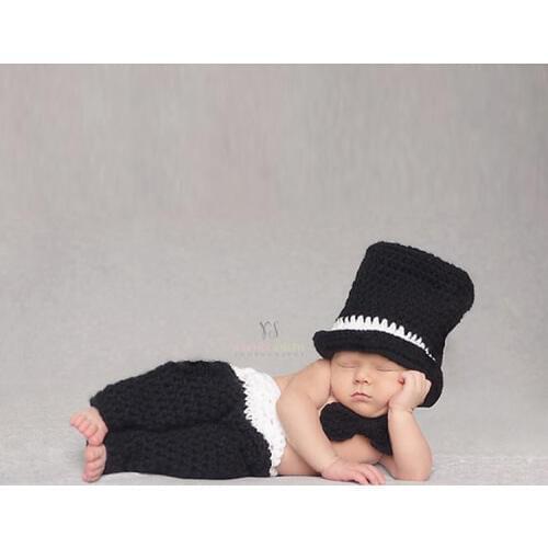Handmade Newborn Photography Props Black Gentleman Crochet Infant Hats Baby Boy Props Knitted Hat Chapeu Infantil Cute
