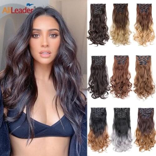 Alileader 22Inch 16Clips In Hair Extension Wave Synthetic Clip In Hair Extensions Ombre Black Brown 16Clips In Fake Hairpieces