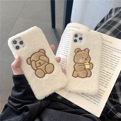 Warm Lamb plush fabric Phone Case For iphone 11 Pro Max 6 6s 7 8 plus Cute Little bear Fuzzy Soft Case For iphone X XR XS Max