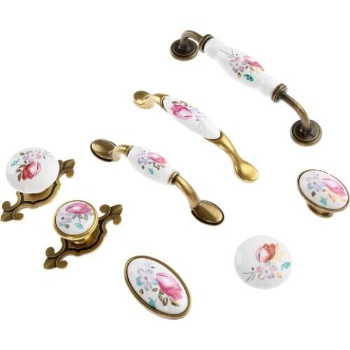 1PC Vintage Ceramic Knob Metal Retro Handle Pull Button Ceramic Cabinet China Flower furniture Hardware 74mm-153mm Single/double