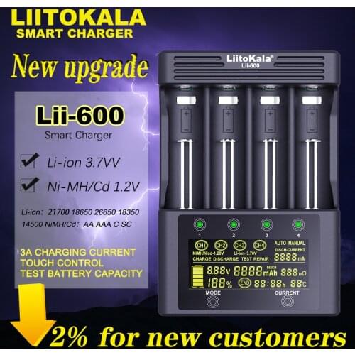 LiitoKala Lii-600 Battery Charger For Li-ion 3.7V and NiMH 1.2V battery Suitable for 18650 26650 21700 26700 AA AAA and others