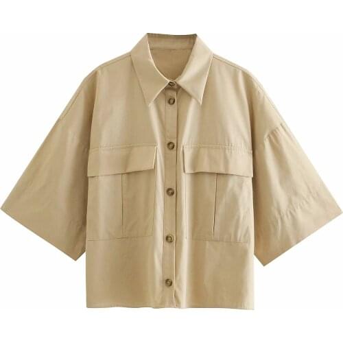 ZA Women Summer New Fashion Retro Short Tops V-neck Short Sleeve Elegant Blouse Clothing Basic Lapel Frock Shirt XITIMEAO