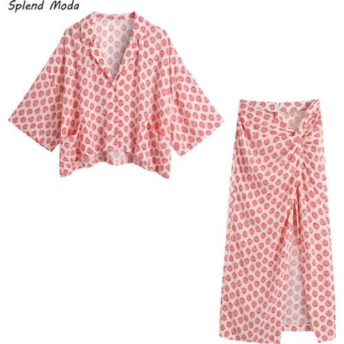 2021 Printed Loose Drape Autumn New Casual Short-Sleeve Straight Shirt Top + High-Waist Folds Split Sexy Long Skirt Women