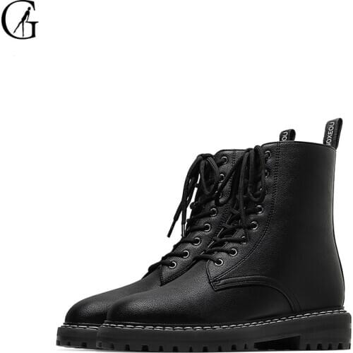 GOXEOU Womens Ankle Boots PU Plus Velvet Flat 4 cm High Front Lace Side Zipper Unisex Motorcycle Boots Size 34-40