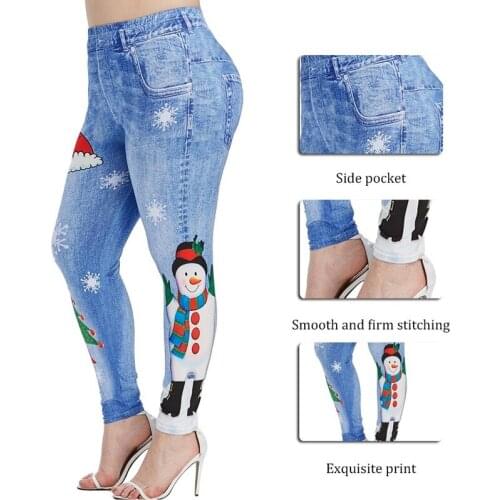 Faux Jeans Womens High Waist Leggings Girl Winter Legging Bottoms Snowflake Christmas Print Fitness Female Stretch Pocket Pants
