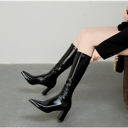 High Heels Women Mid-calf Boots New Winter Warm Long Boots Party Shoes Woman Patent Leather Female Riding Boots