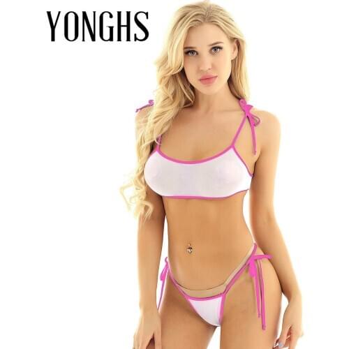Womens Lingerie Suit See Through Sheer Bathing Suit Mini Swimwear Self-tie Micro Bra Top with G-String Thong Briefs Underwear