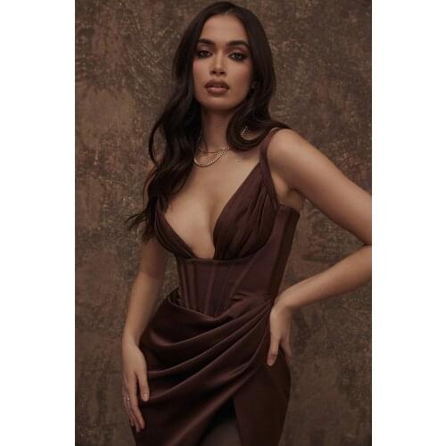 2021 Ladies Summer Pure Color Temperament Sling Milk Silk High Waist Brown Sleeveless Midi Dress Vfemage Vestido Vintage Dresses