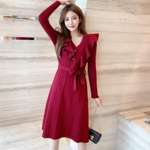 Women V Neck Ruffles Sweater Dresses Autumn Winter Elegant Long Sleeve Knitted Button Deco Lace Up Red Midi Pleated Dress