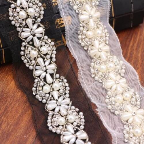 12yards Pearl Beaded Rhinestone Flower Embroidery Mesh Lace Trim Ribbon For DIY Sewing Garments Wedding Dress Accessories