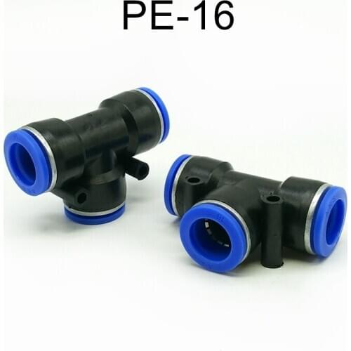 2pcs/lot Pneumatic Fittings 3 Way T-shape 16mm OD Hose Push in Fitting PE-16 Tee Fitting Quick Joint Connector