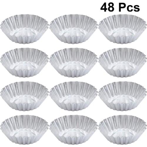 48pcs Aluminum Alloy Egg Tart Molds Thick Reusable Flower Cupcake Mold Muffin Baking Cup Tartlet Pan (Silver)